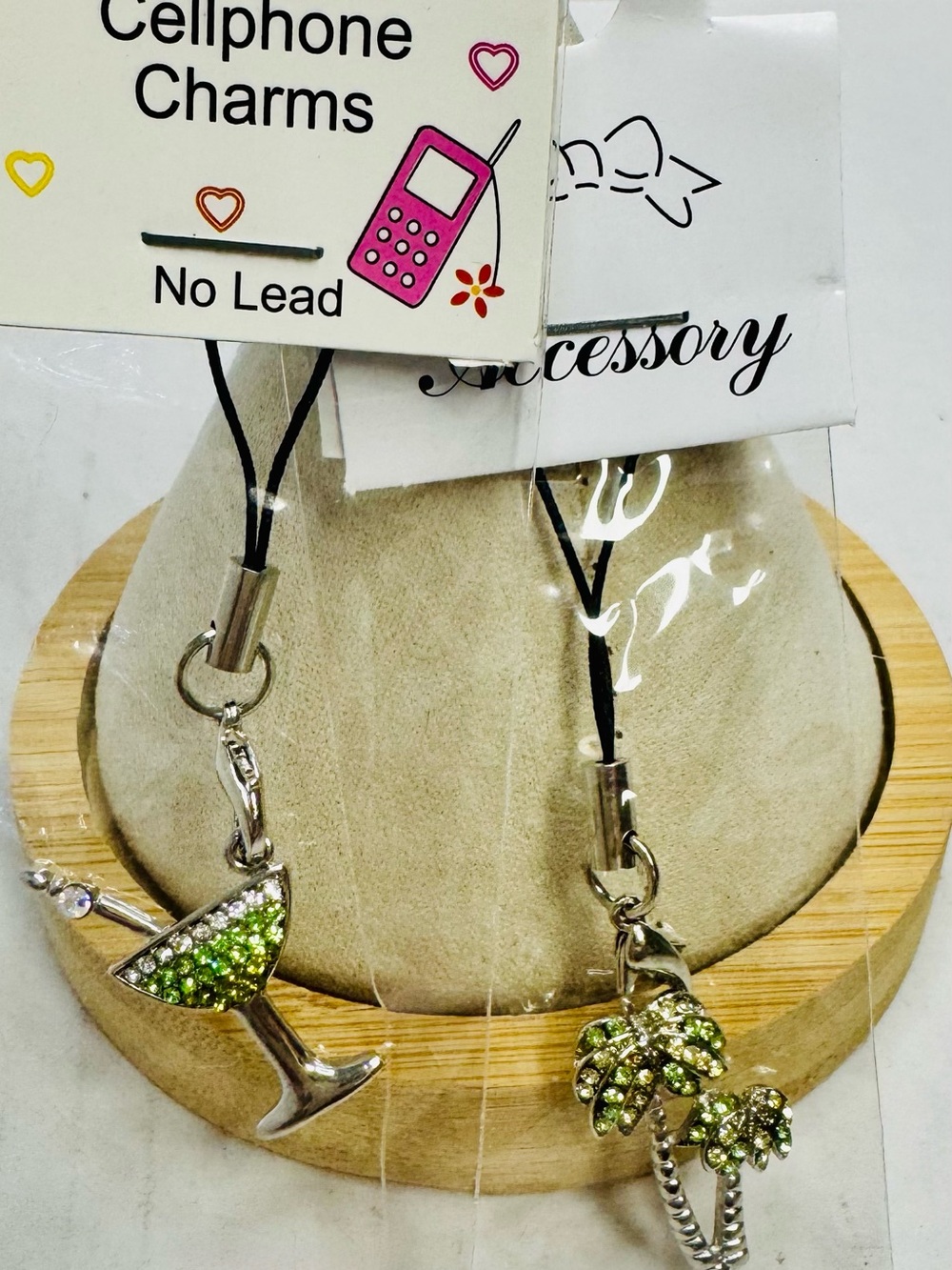 Source Unknown Green Rhinestone Palm Tree & Cocktail Phone Charms